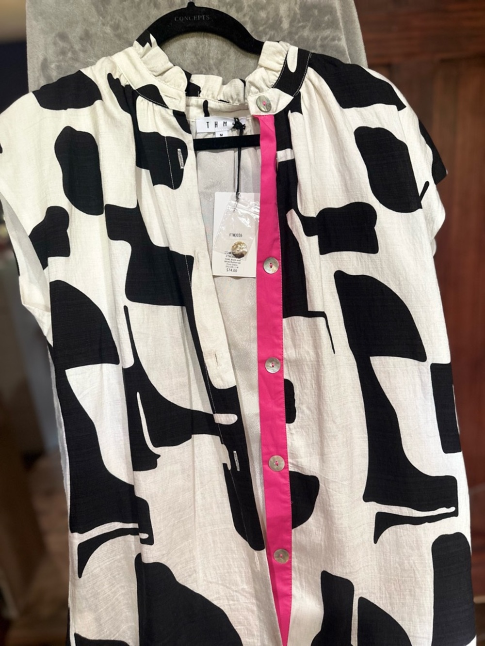 THML Black & White Abstract Print Top with Hot Pink Placket